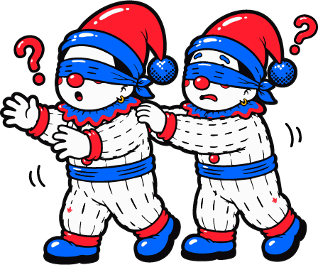 Two blindfolded foolish clowns leading each other along