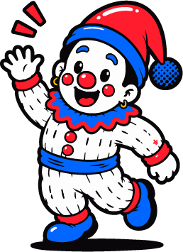 The foolish clown running forward and waving, beaming, permission taken
