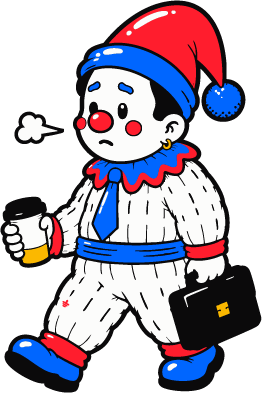 The foolish clown trudging to work with coffee and briefcase, sighing, the daily performance