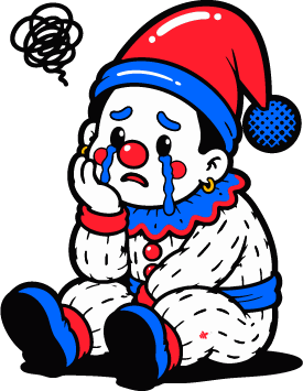 The foolish clown sitting on the floor, crying quietly