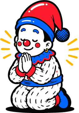 The foolish clown kneeling serenely with hands together