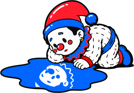 The foolish clown kneeling over a blue puddle, studying his own reflection