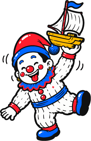 The foolish clown joyfully holding a toy sailing ship aloft, boarding the ship of fools