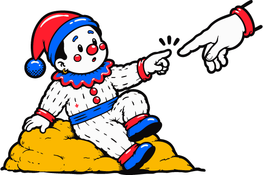 The foolish clown seated on a pile of gold, his finger touching a great pointing hand